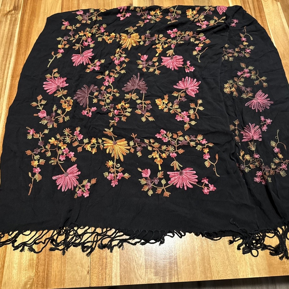 Black Floral Embroidered Shawl Scarf Fringe Boho Cottagecore Wrap Multicolor